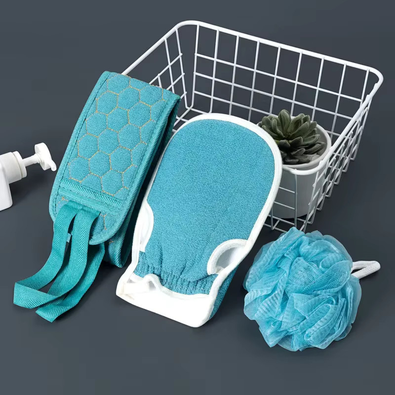 VIE LENTE 3-teiliges Bad-Set mit Handtuch und Peeling-Handschuhen in Blau - Bild 2
