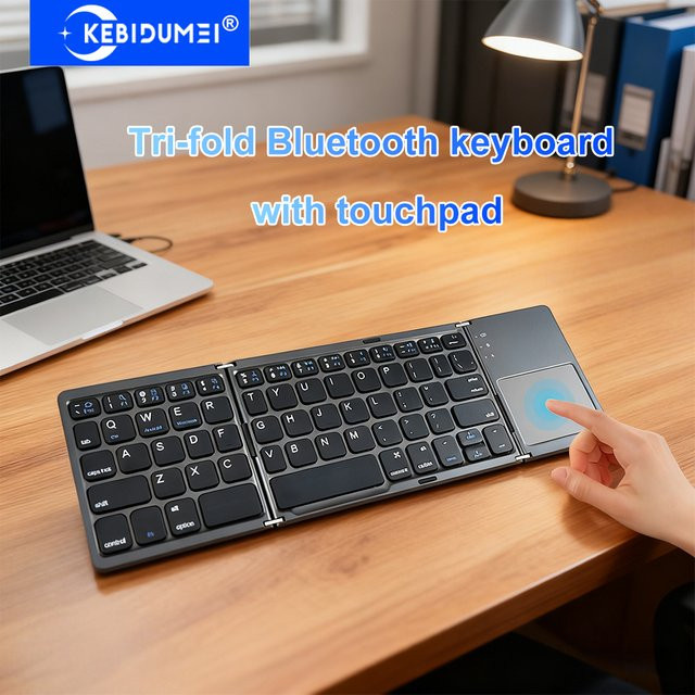 Kebidumei Dreifach gefaltete Bluetooth-Tastatur mit Touchpad, tragbare Mini-Tastatur, wiederaufladbare kabellose Tastatur für Windows, Android und iOS, Schwarz - Bild 1