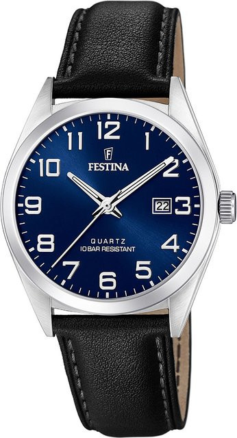 Festina Herrenuhr, Quarz, Edelstahl, Blau, Leder, 40 mm, 10 ATM - Bild 1