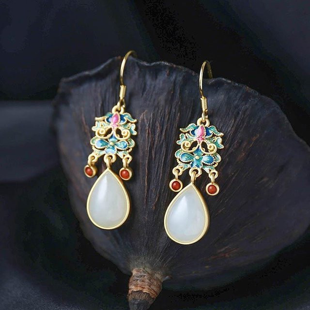 YIRAN Jewelry Ohrringe, Hetian Weißjade, Emaille, Porzellan, Damen - Bild 1