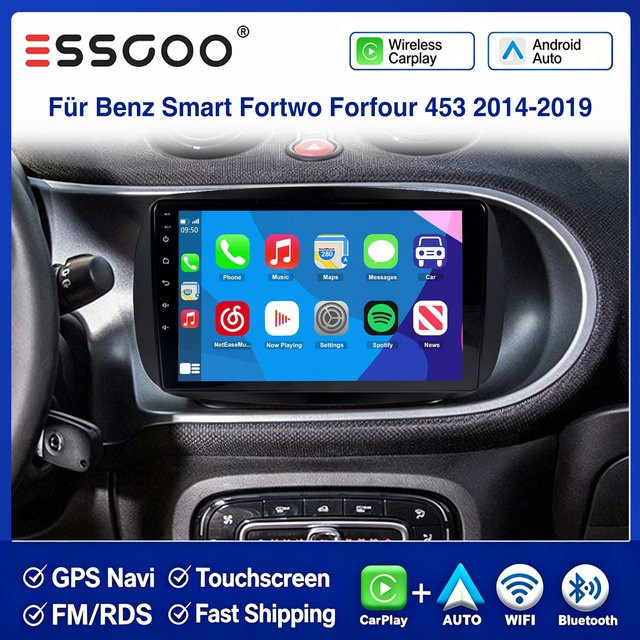 ESSGOO Android 15 Autoradio mit 9 Zoll Display für Smart Forfour und Fortwo 453 (2014-2019) inklusive GPS, Bluetooth, Wireless Carplay, WIFI und DAB+ in Schwarz - Bild 1