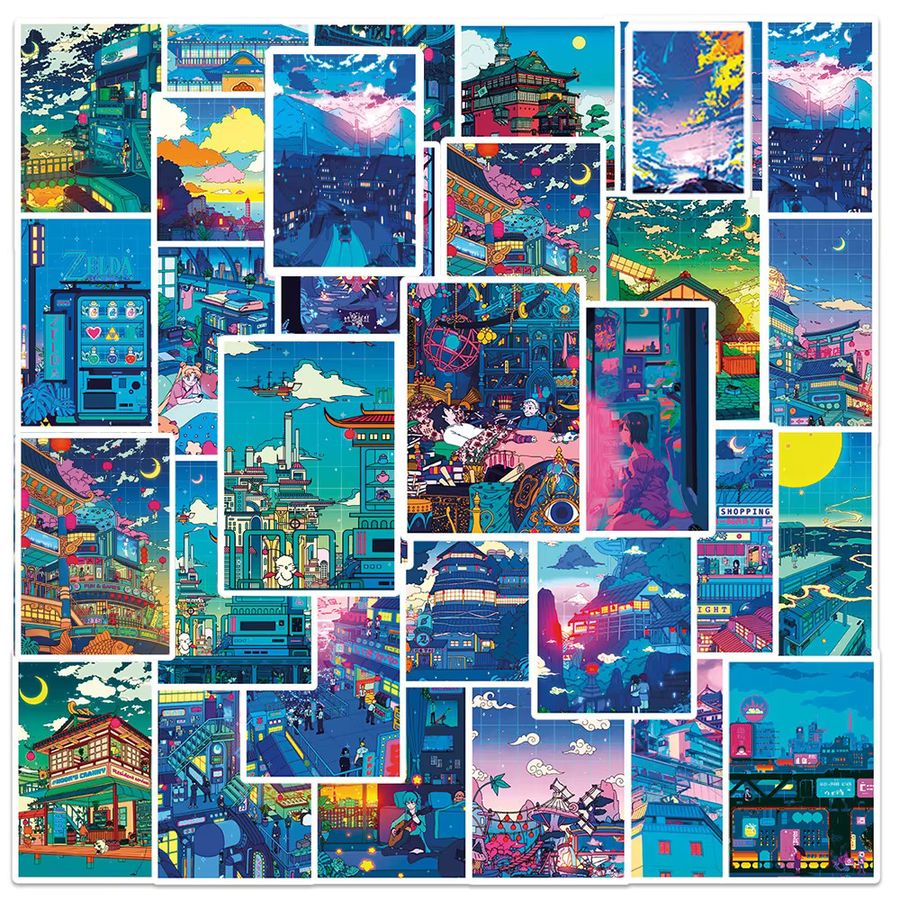 Cartoon Anime Street Night View Aufkleber Set mit ästhetischen Landschaftsmotiven in Multicolor für Laptop, Koffer und Gitarre - Bild 2