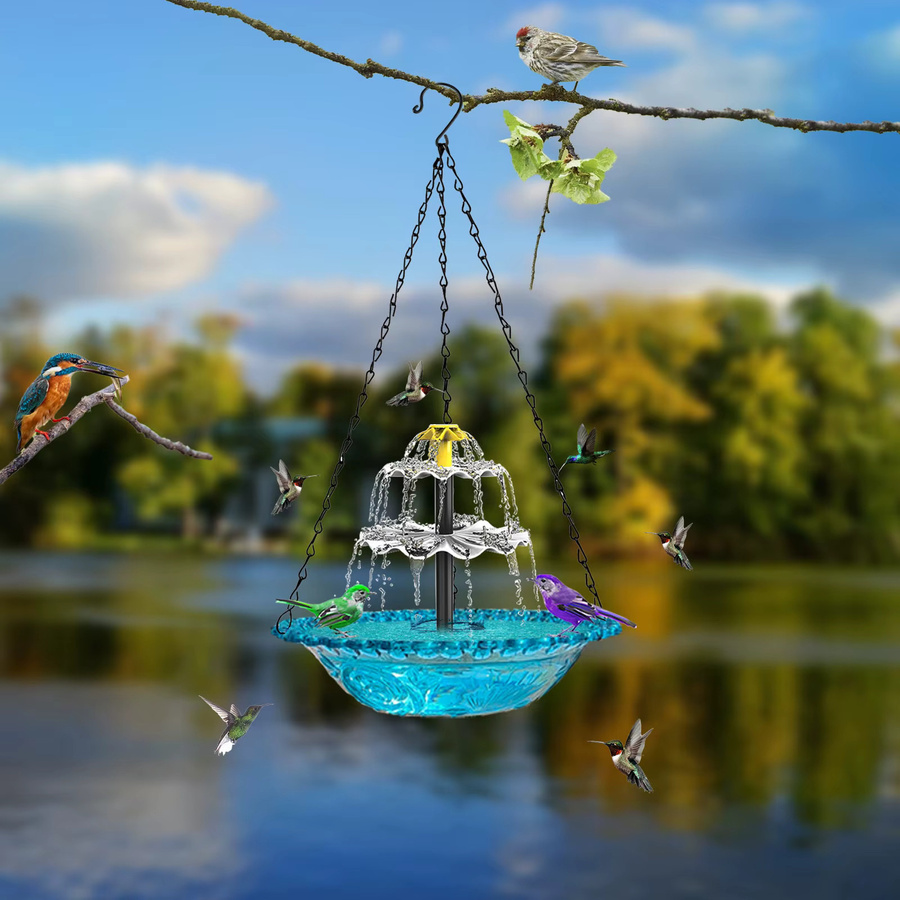 NovaSphere Solar-Vogelbadbrunnen als hängende Kaskaden-Schale mit Wasserpumpe und Kolibri-Futterspender für den Garten, rundes Glasdesign mit floralem Muster, B/T/H: 45,0 x 23,5 x 23,5 cm - Bild 3
