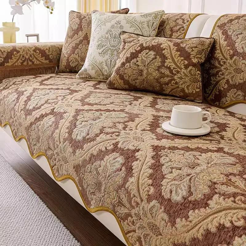 Chenille Sofakissen mit floralem Jacquard-Muster und französischer Wellenkante in Blau, B/H: 65 x 58 cm - Bild 4