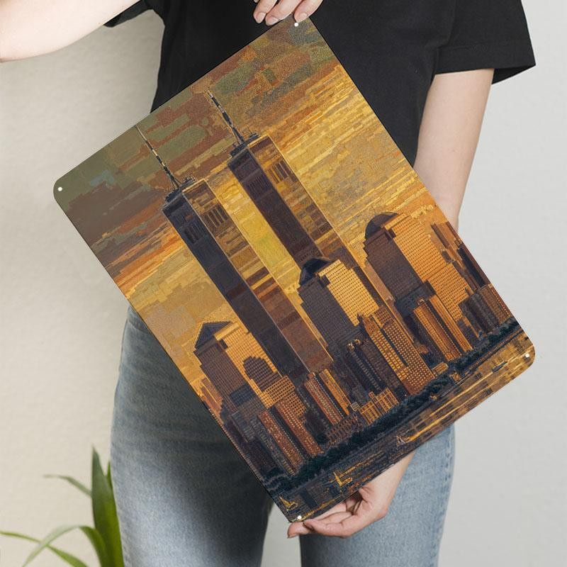 ZX ART Metallschild New York Stadtsilhouette Zwillingstürme Manhattan Gold B/H: 20 x 30 cm - Bild 2