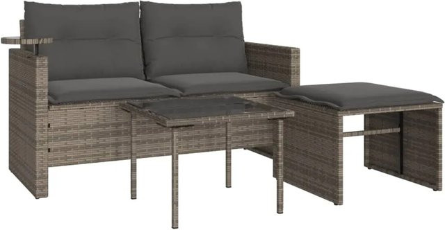 vidaXL 3-tlg. Garten-Sofagarnitur aus Poly-Rattan mit Kissen und Hartglas in Grau - Bild 1