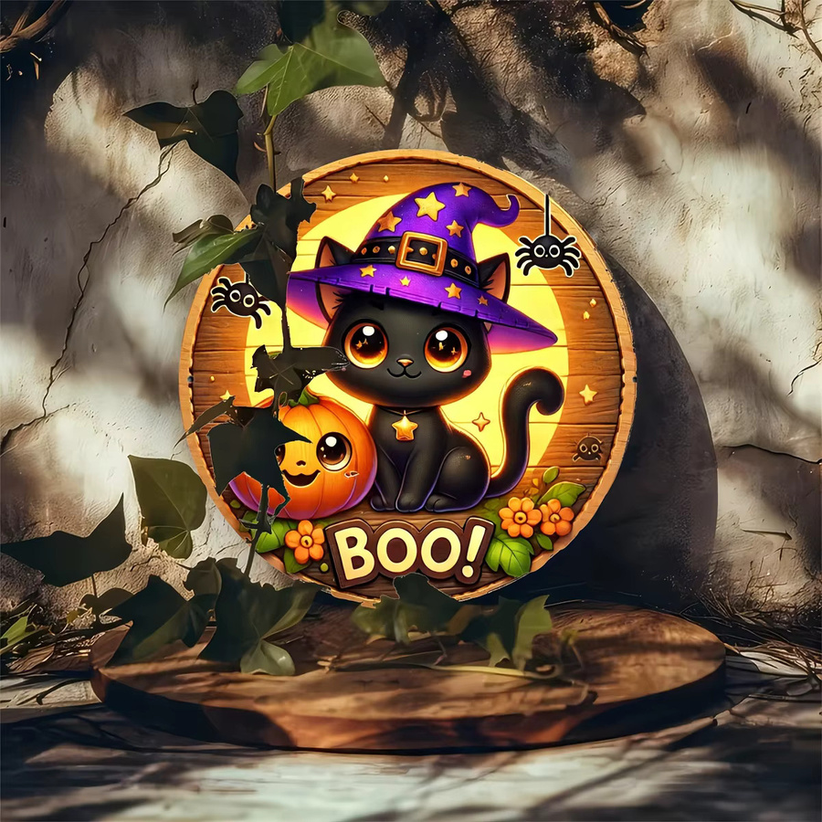 Potdemiel Halloween-Schild mit schwarzer Katze, rundes Aluminium-Dekor für Wand und Tür, Durchmesser: 20 cm - Bild 4