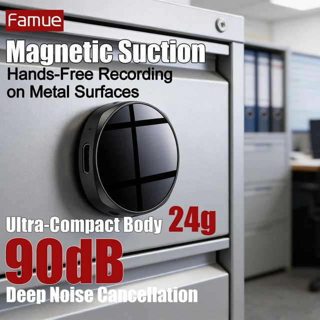 Famue Mini Digitaler Sprachrekorder mit Magnet, 32GB, Schwarz, 1536kbps, 90dB ANC, Intelligente Sprachsteuerung und Segmentierung - Bild 1