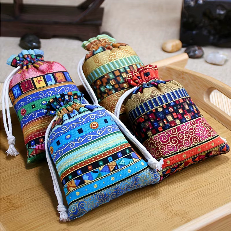 6er Set ethnische Schmuckbeutel aus Baumwoll-Leinen und Hanf in Gelb und Multicolour zur Aufbewahrung von Perlen und Accessoires - Bild 3