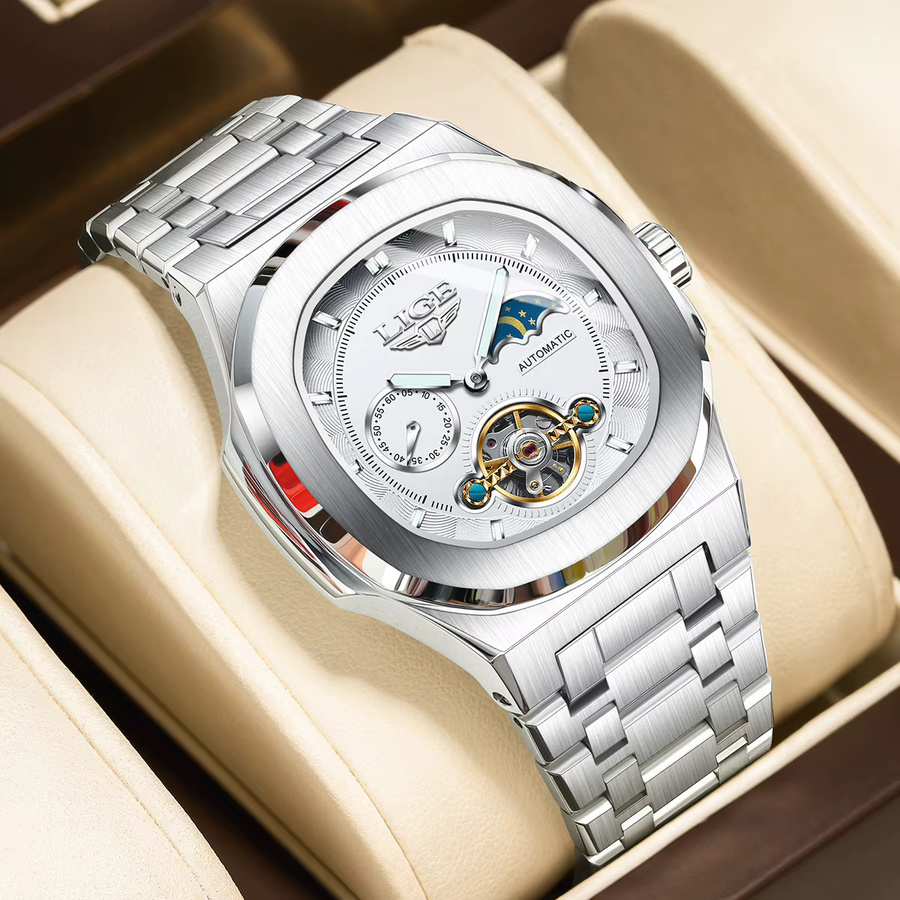 LIGE Armbanduhr Automatik, Edelstahl, Tourbillon, Silber, Herren - Bild 2