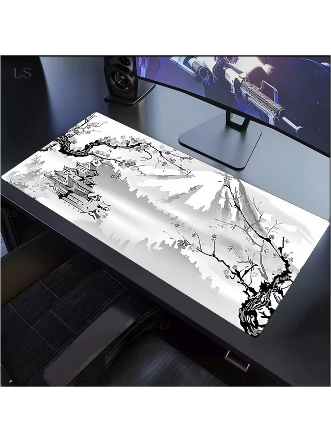 Weiße Sakura Schreibtischunterlage mit japanischem Kirschblüten-Design als rutschfeste Mauspad- und Tastaturunterlage für Büro und Gaming - Bild 2