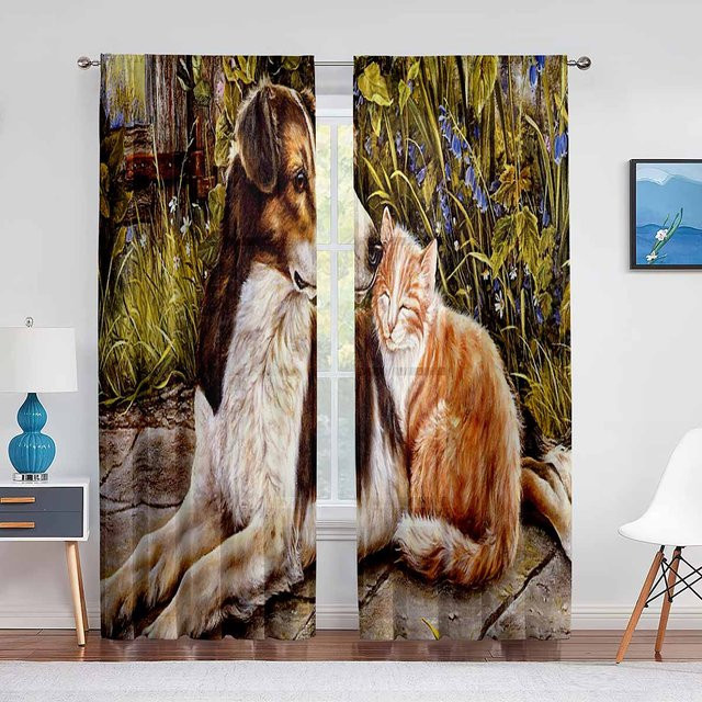 Transparenter Chiffon-Fenstervorhang mit abstraktem Hund-Ölgemälde Motiv in Bunt, Super Six Voile-Tüllvorhang für Wohnzimmer und Schlafzimmer, Breite: 100 cm, Höhe: 250 cm - Bild 1