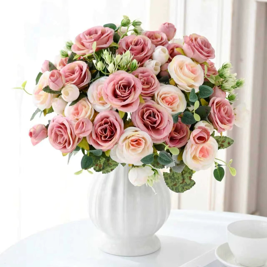 Künstliche Seidenblumen Pfingstrosen und Hortensien in Keramikvase für Tischdekoration, Hochzeit und Garten, Farben: Beige und Pink - Bild 1