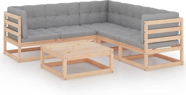 vidaXL 6-tlg Garten-Lounge-Set aus massivem Kiefernholz in L-Form mit grauen Polstern und Kissen - Bild 1