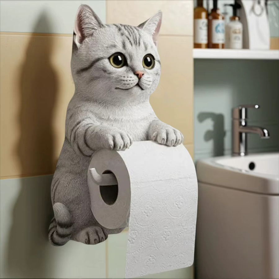 Wandmontierter Toilettenpapierhalter in Katzenform von alloet aus Kunstharz, dekorativer Papierhalter in Grau für Bad und Küche - Bild 3