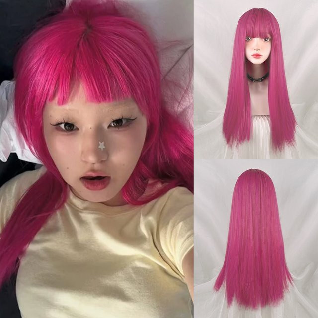 GAKA Perücke, lang, gerade, pink, mit Pony, synthetisch, Damen - Bild 1