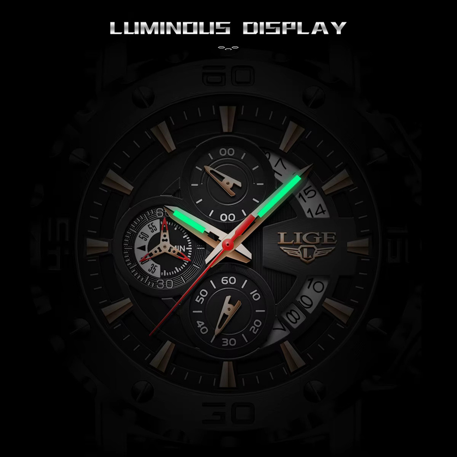 LIGE Chronograph Armbanduhr, Quarz, Silikon, Schwarz, Herren - Bild 3