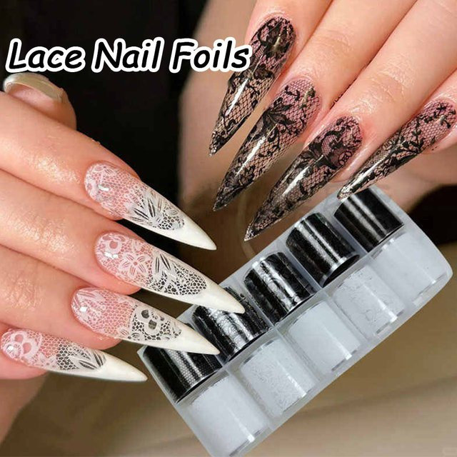 MingLee Nagelfolien Spitze, 10 Rollen, Schwarz Weiß, Nail Art Transferpapier - Bild 1