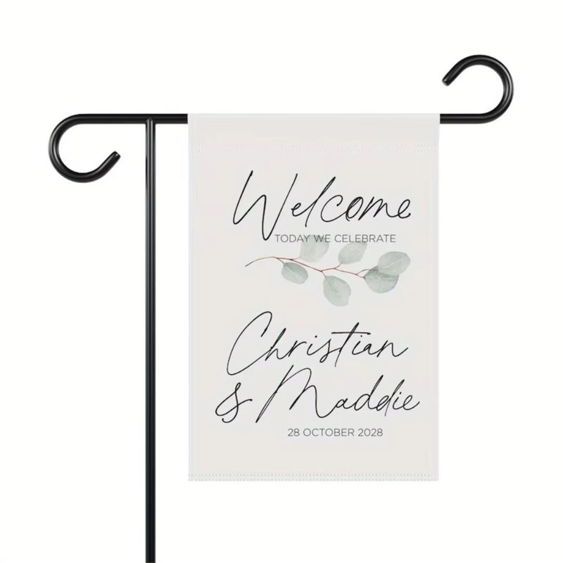 Personalisiertes Hochzeits-Willkommensschild mit floralem Eukalyptus-Design, weißes Textil-Gartenbanner für deine Verlobungsfeier und Outdoor-Dekoration, rechteckig, Breite: 45 cm, Höhe: 30 cm - Bild 3