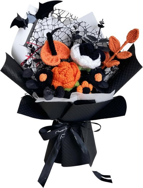 Handgestrickter Blumenstrauß Xingben Six mit Kürbis, Tulpen, Rosen und Sonnenblumen in Grau und Orange für Halloween-Dekorationen - Bild 1