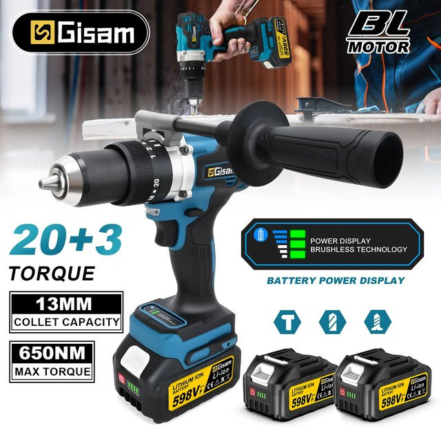 Gisam Elektrischer Schlagbohrer 650NM mit 13mm Bohrfutter, Bürstenloser Akku-Schlaghammerbohrer für Makita 18V LXT, Blau - Bild 1