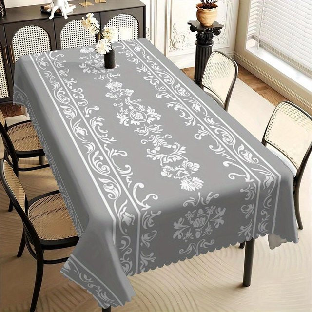 Graue Damast-Tischdecke mit weißem Blumen-Ranken-Druck von JMG Household Supplies, fleckenabweisend und quadratisch, B/T: 140 x 140 cm - Bild 1