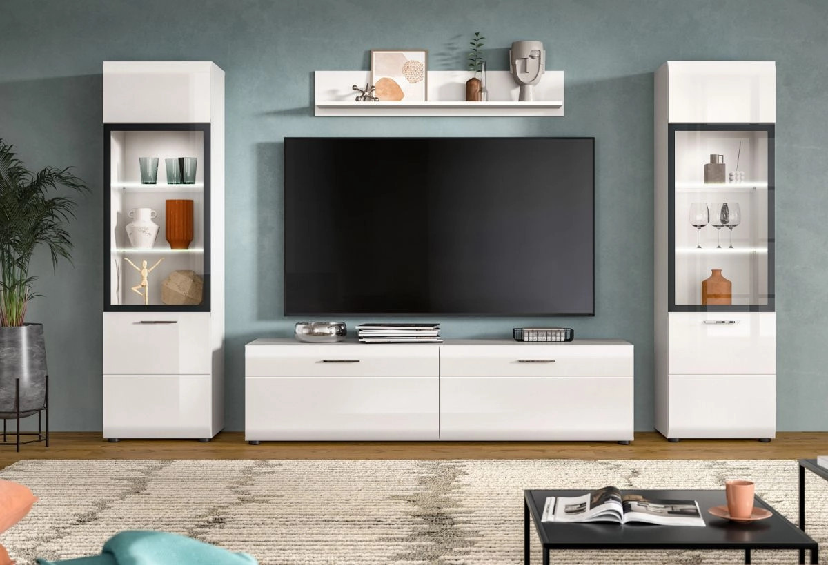 Inn.Furn Wohnwand in Weiß Hochglanz mit Vitrine und offenen Regalen, Breite: 280 cm, Höhe: 160 cm - Bild 2