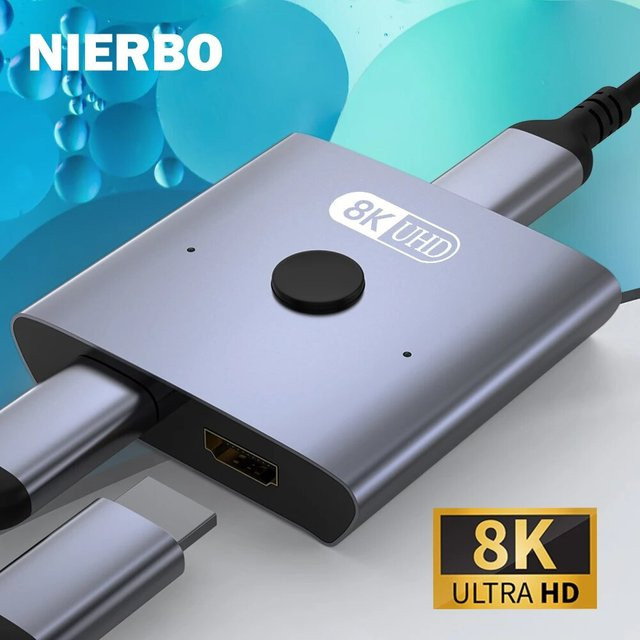 NIERBO HDMI 2.1 Switch Splitter 2 in 1 Out Bidirektionaler Adapter in Silber, 8K@60Hz und 4K@120Hz, 48 Gbit/s Aluminium Hub für PS5 und Xbox - Bild 1