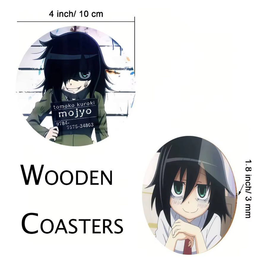 Runder Holz-Untersetzer mit Anime Watamote Tomoko Kuroki Motiv, Durchmesser: 10 cm, Mehrfarbig - Bild 6
