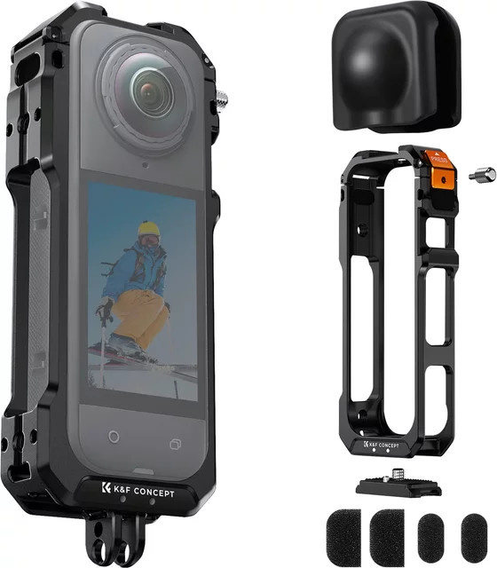 K&F CONCEPT Aluminium Kamerakäfig für Insta360 X5 in Schwarz mit Schnellwechselknauf, Cold Shoes und 1/4 Zoll Gewinde inklusive Silikon Objektivabdeckung - Bild 1