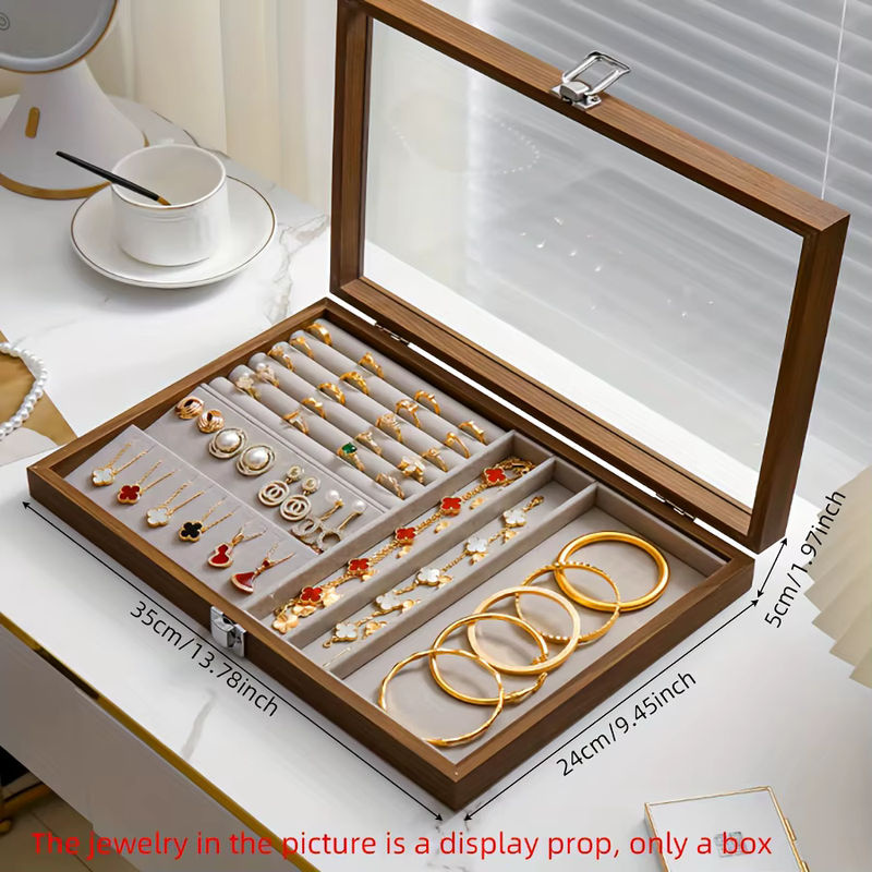 Vintage Schmuckbox aus Holz in Braun oder Beige als staubdichte Vitrine für Ringe, Halsketten, Ohrringe und Armbänder - Bild 6
