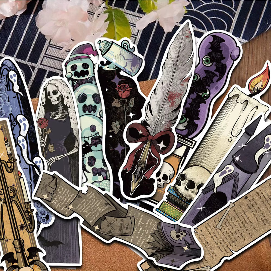 30er Set Halloween Lesezeichen mit Cartoon Horror Motiven wie Geistern, Schädeln, schwarzen Katzen und Kürbissen in Schwarz und Multicolour - Bild 4