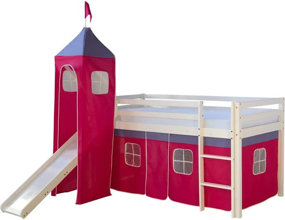 Homestyle4u Hochbett aus Kiefernholz für Kinder in Weiß mit pinkem Vorhang, B/T/H: 90 x 200 x 155 cm