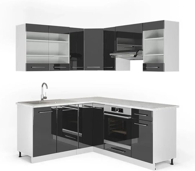 Vicco Fame-Line Eckküche in Anthrazit Hochglanz und Weiß mit Marmor-Optik, B/T/H: 160 x 190 cm - Bild 1