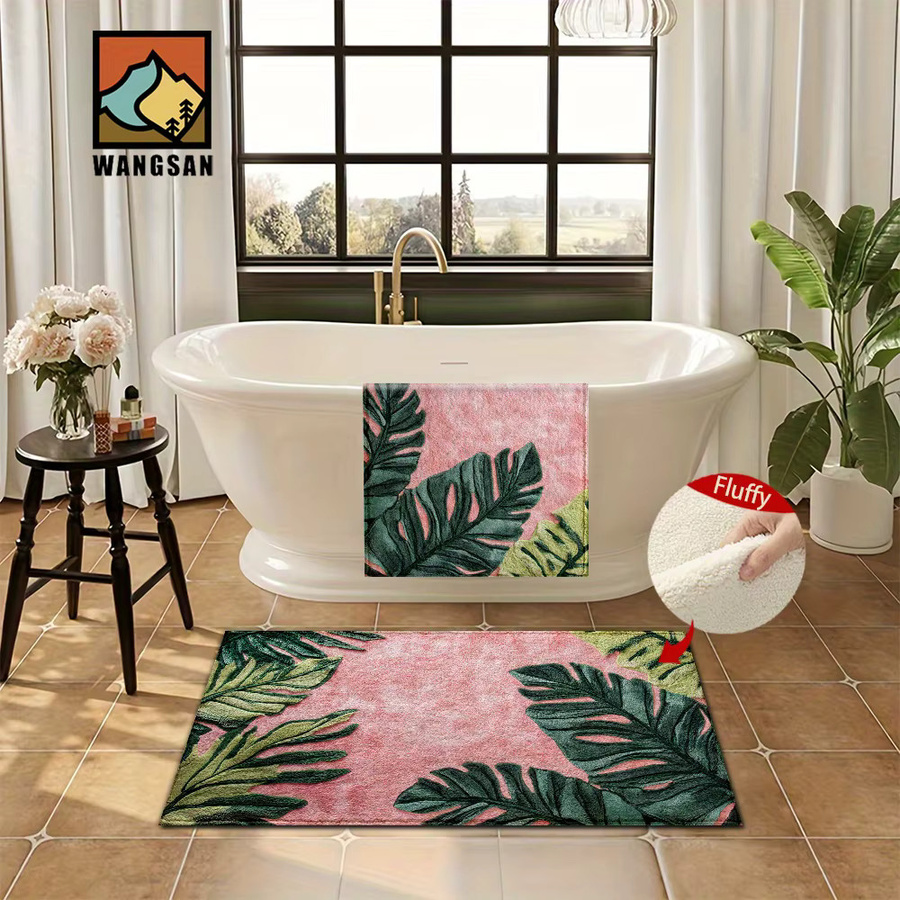 VIKAMA Teppich mit grünem Blattmuster in Rosa und Grün, weiche und saugfähige Fußmatte für Badezimmer, Schlafzimmer oder Wohnzimmer, B/T: 60 x 40 cm - Bild 2