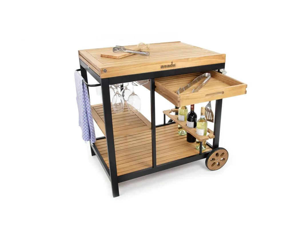 ASADO BBQ Grillwagen Jack Gasgrill mit Glashalter in Schwarz und Braun aus Teakholz und Aluminium B/T/H: 100 x 57,5 x 82 cm - Bild 3