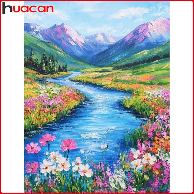 Huacan Diamantmalerei Landschaft mit Bergen, Blumen und Fluss als Mosaik-Set in Mehrfarbig, B/H: 20 x 30 cm - Bild 1