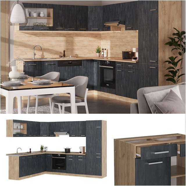 Vicco R-Line Eckküche in L-Form Schwarz Beton Eiche ohne Arbeitsplatte B/T/H: 287 x 227 x 206,8 cm - Bild 1