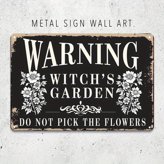 Witch's Garden Warnschild Gothic-Blumen-Metalldekor mit Don't Pick The Flowers in Schwarz und Weiß, Aluminium, B: 20 cm, H: 20 cm, T: 1 cm - Bild 1