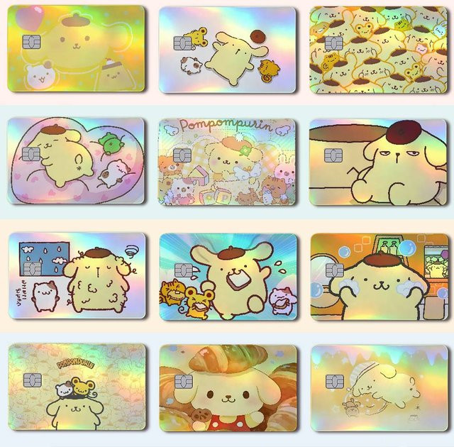 Moetch P-Pompompurin Laser-Holografischer Karten-Skin-Aufkleber für Kredit- und Debitkarten, 4er-Set, Multicolor, wasserfest und kratzfest - Bild 1