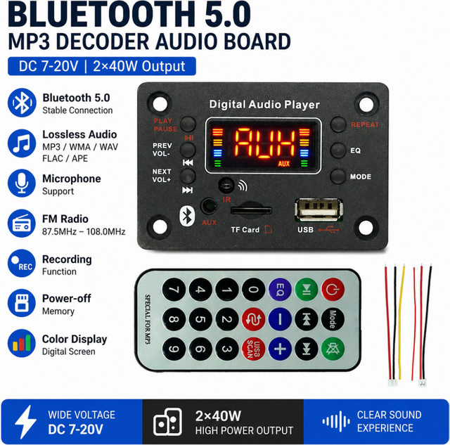 Gaqqee Bluetooth 5.0 MP3-Decoder und Audioverstärkerplatine mit Mikrofonverbindungsfunktion, 2x40W, Schwarz, DC7-20V - Bild 1