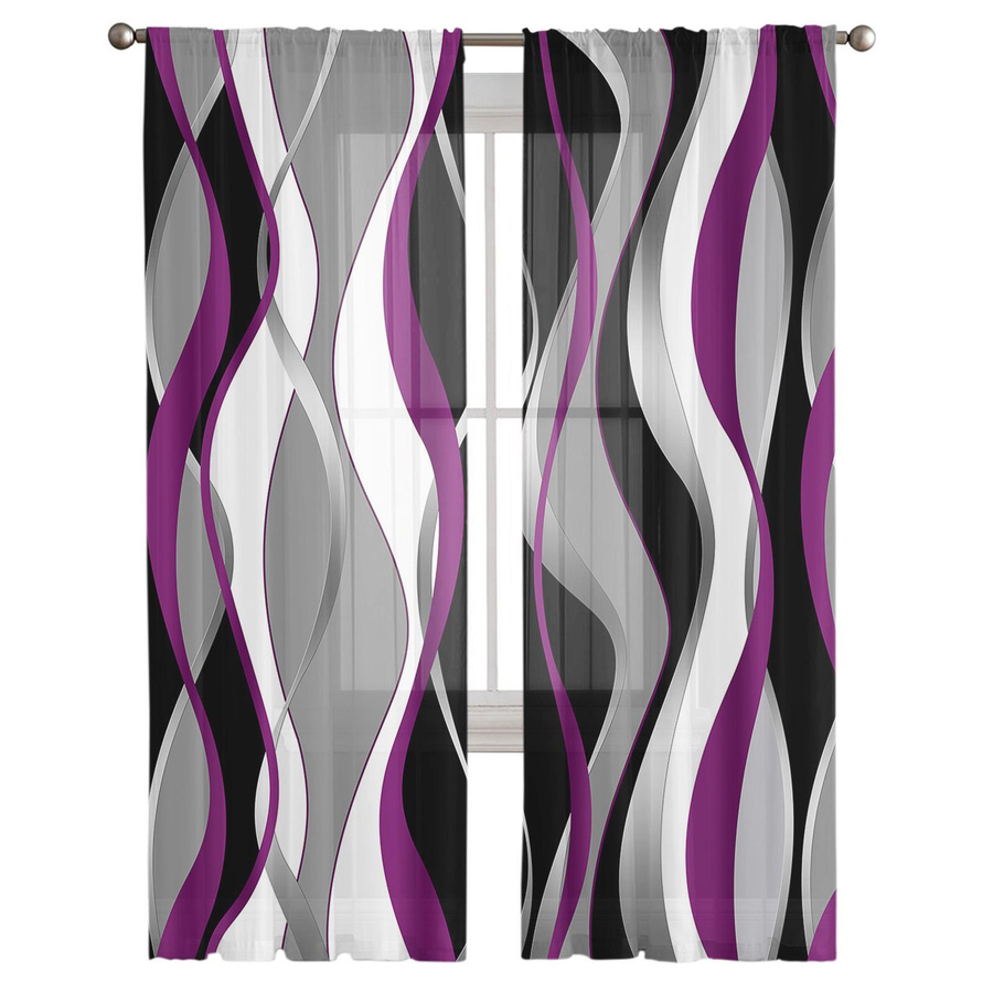 Super Six Voile Gardine mit abstraktem Linien-Design in Lila, transparentes Chiffon-Material, Breite: 135 cm, Höhe: 114 cm - Bild 2