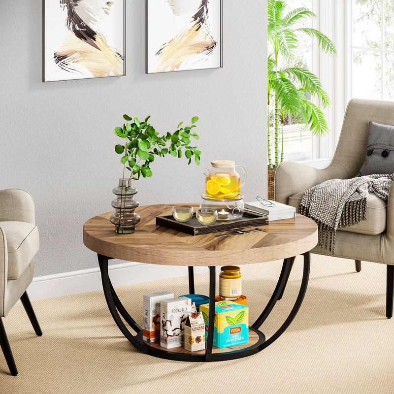 Tribesigns runder Couchtisch im industriellen Design mit 2 Ablageflächen aus Holz, braun - Bild 4