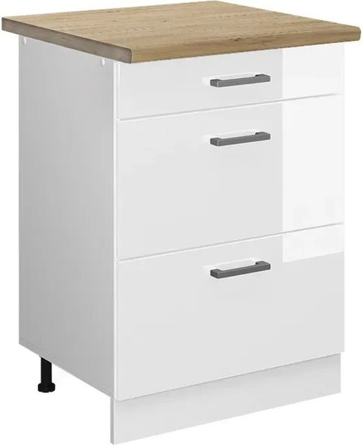 Vicco Küchenunterschrank R-Line Weiß Hochglanz mit Schubladen in Eiche-Optik, Breite: 60 cm, Höhe: 81,6 cm, Tiefe: 60 cm - Bild 1