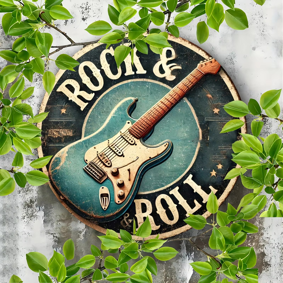 HELLOYOUNG Aluminium-Metall-Blechschild Rock & Roll mit Gitarrenmotiv, runde Wandkunst-Dekoration in Multicolour, B/H: 20 x 20 cm - Bild 5