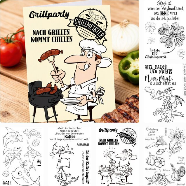 Transparentes Stempelset für Scrapbooking und Bastelarbeiten mit Motiven wie Kleeblatt, Weihnachten, Tieren und Gemüse - Bild 1
