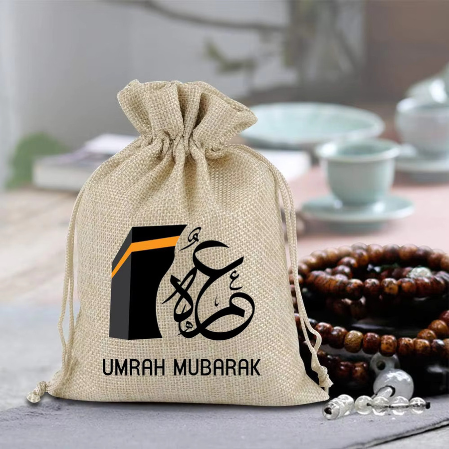 5er Set Eid Mubarak Geschenktaschen aus Jute in Beige, B/H: 13 x 18 cm, Dekoration für Ramadan, Umrah und Al Adha - Bild 3