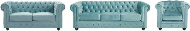 Vente-unique Chesterfield Couchgarnitur aus Samt in Hellblau bestehend aus 3-Sitzer-Sofa, 2-Sitzer-Sofa und Sessel mit B/T/H: 205 x 165 x 82 cm - Bild 1