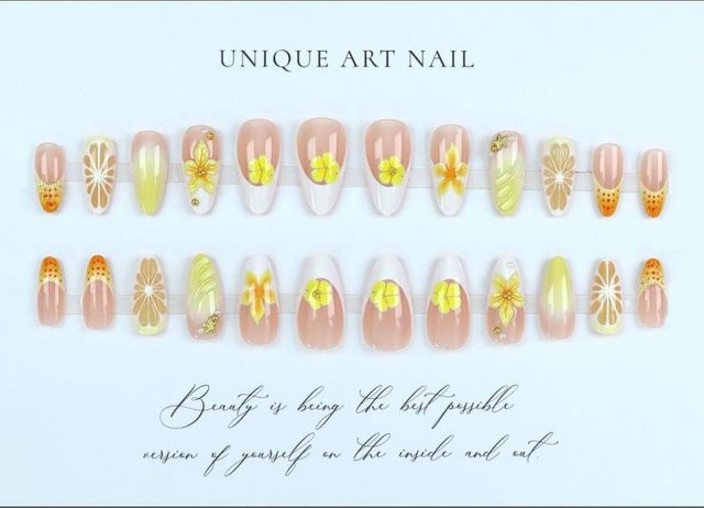 OTRESS Press-On-Nägel Acryl, 24 Stück, Gelb & Weiß, Floral, Glänzend - Bild 1