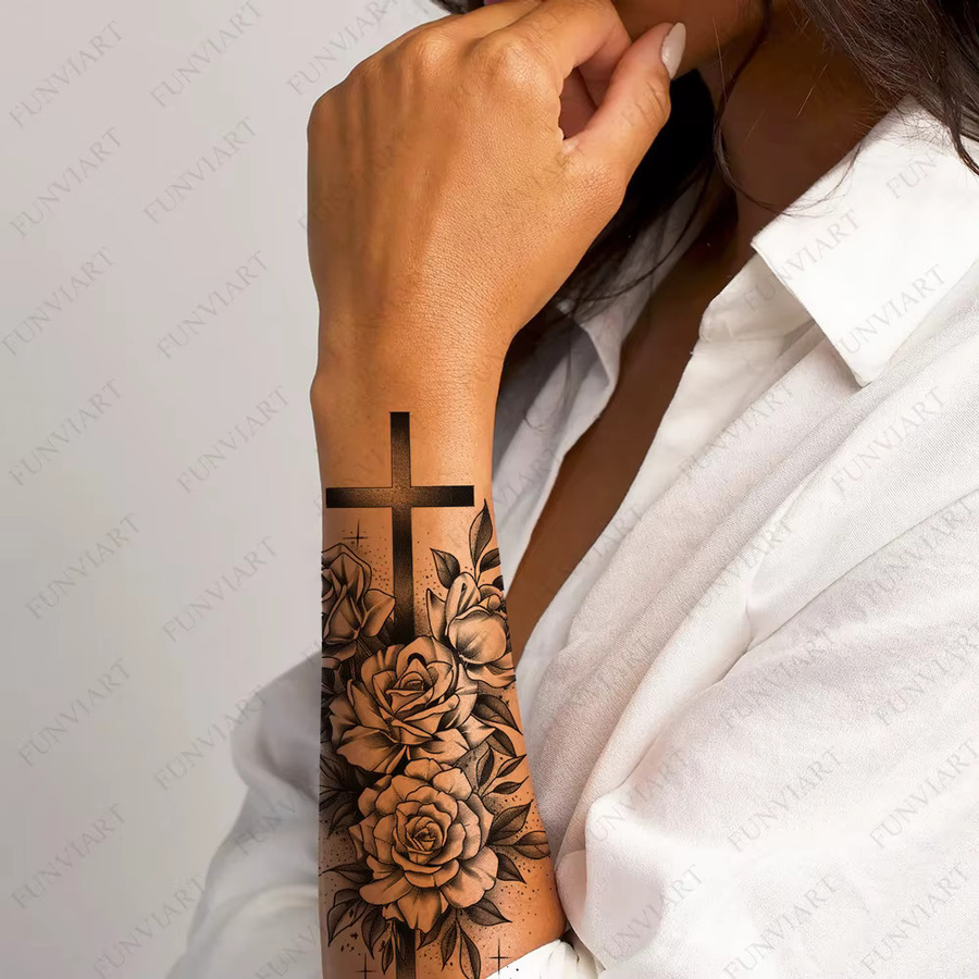 FUNVIART Einweg-Tattoos, schwarze Blumen und Kreuze, Damen - Bild 2